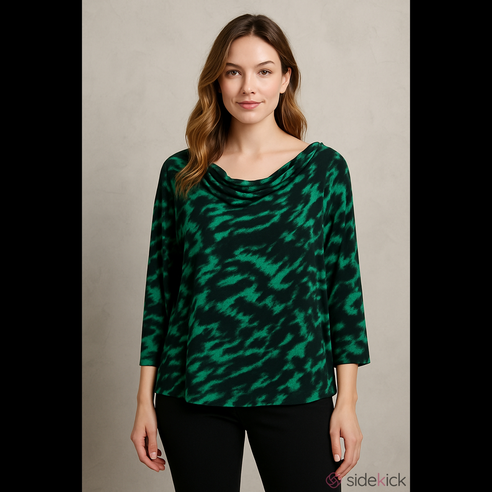 Michael Kors black & green blouse. Cowl neck L